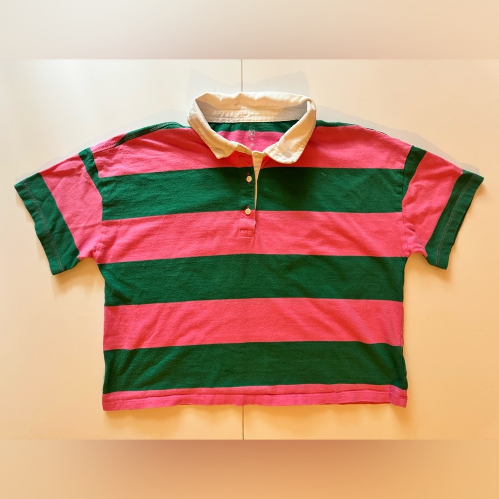 GAP Pink & Green Striped Cropped Polo Shirt Casual Cotton Blend in Size XXL